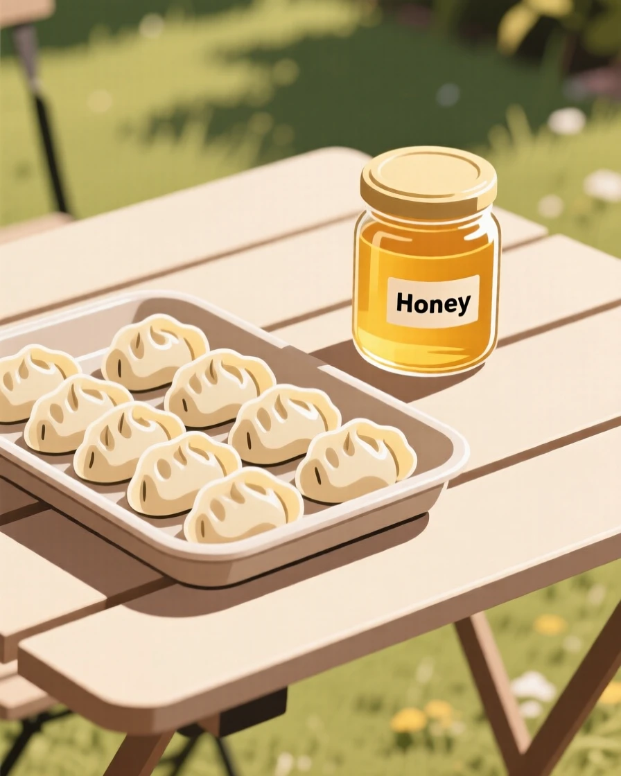 A close-up of tray of dumplings arranged beside a glass jar of honey in a garden table at brunch, full of warm comfort.