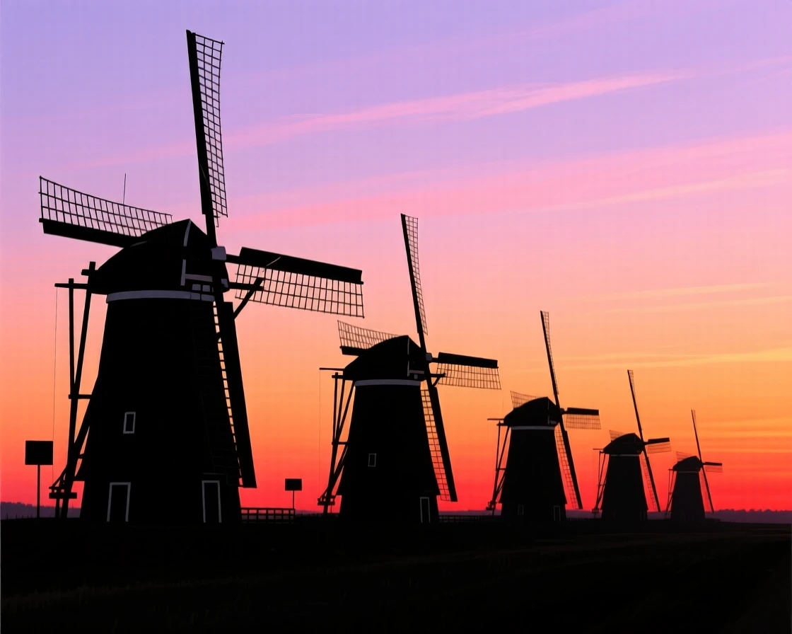 A row of traditional windmills turning slowly against a wide open sky.