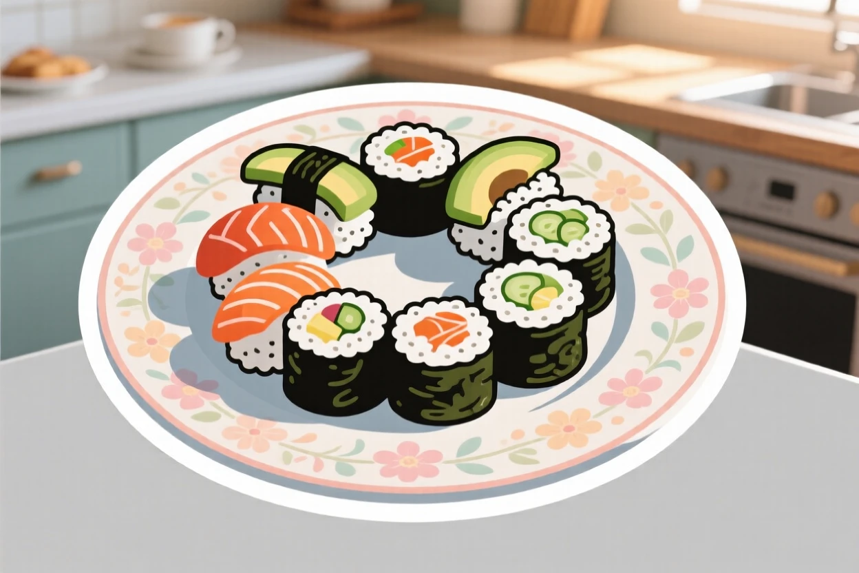 A perfectly plated plate of sushi rolls arranged neatly, placed on a floral patterned plate, in a cozy kitchen during breakfast.