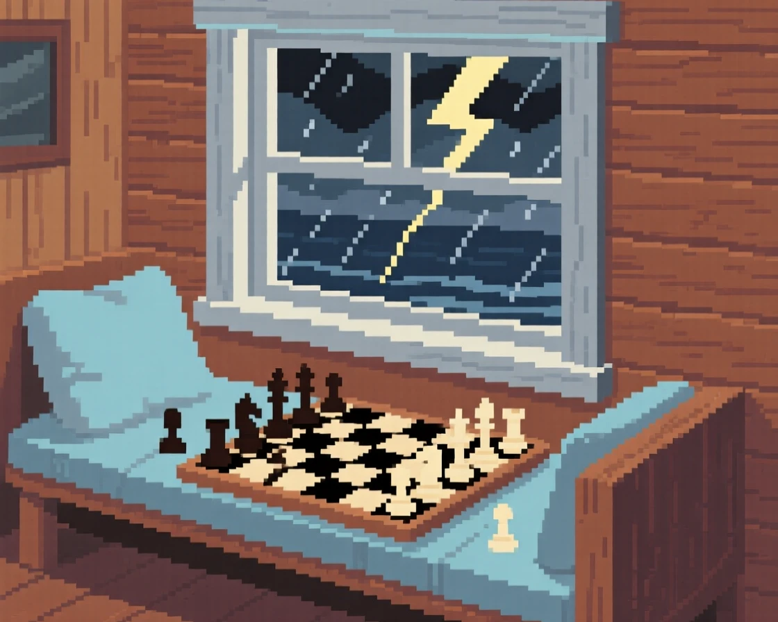 A window seat topped with a chessboard mid-game, inside a seaside cottage during a storm.