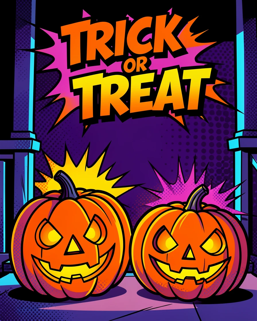 Carved pumpkins lit on a porch on Halloween night