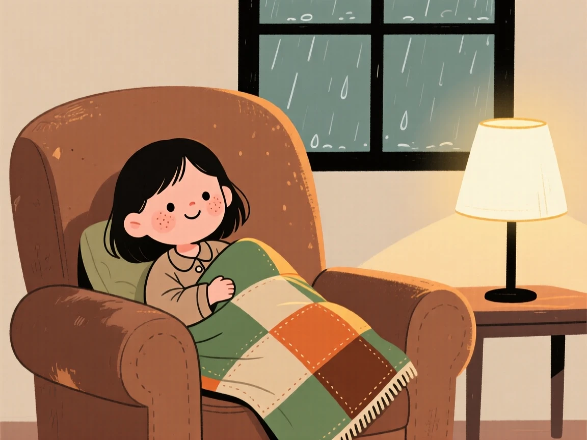 A little girl curls up in a overstuffed armchair beside a softly glowing lamp, wrapped in a patchwork blanket while listening to rain on the roof.