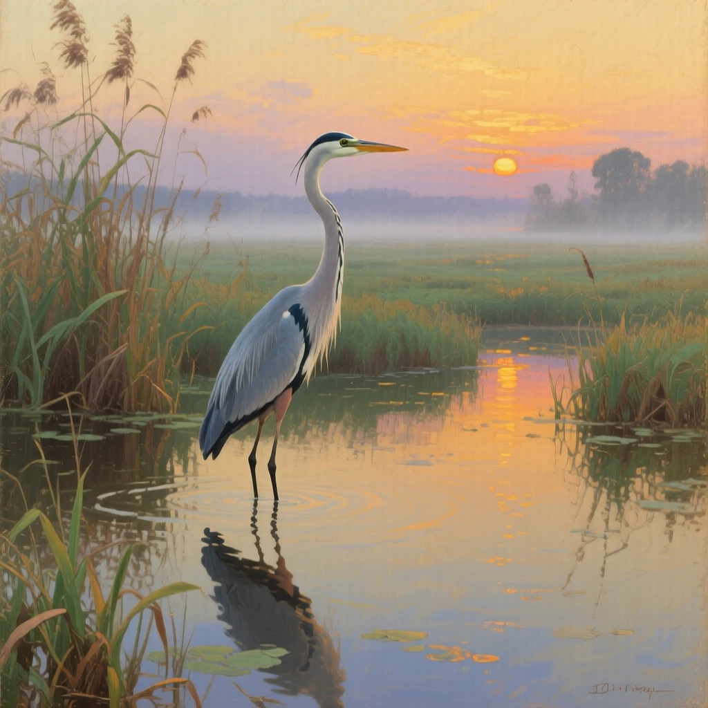 A wide establishing shot of a heron standing motionless in a still, reflective marsh, in the last light of sunset, in the 1940s.
