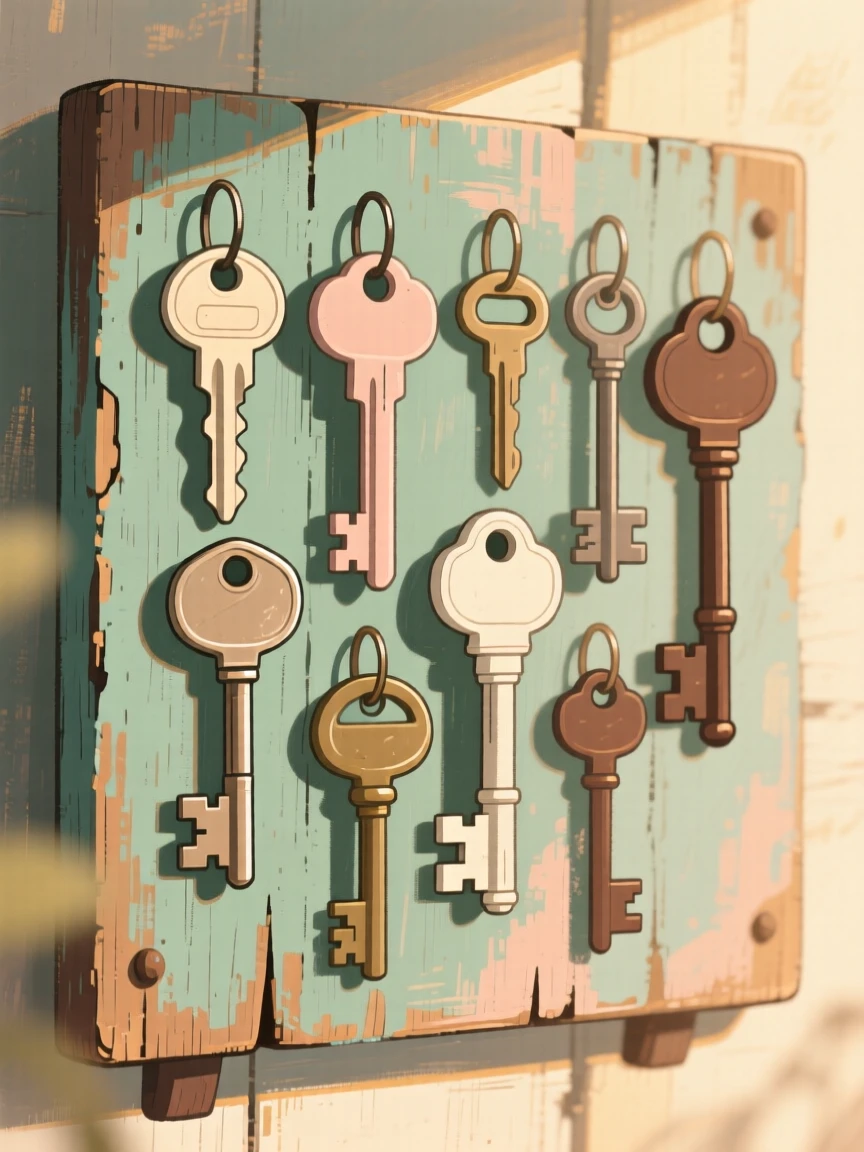 A collection of old keys hanging on a weathered wooden board