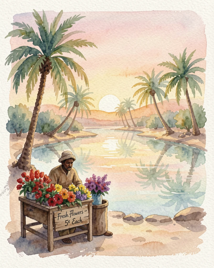 A desert oasis with palm trees and a clear pool at sunrise with a local vendor selling fresh flowers.