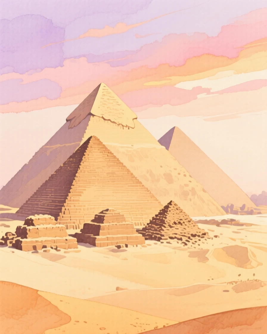 The pyramids of Giza rise from golden desert sand beneath a sky painted in soft sunset hues