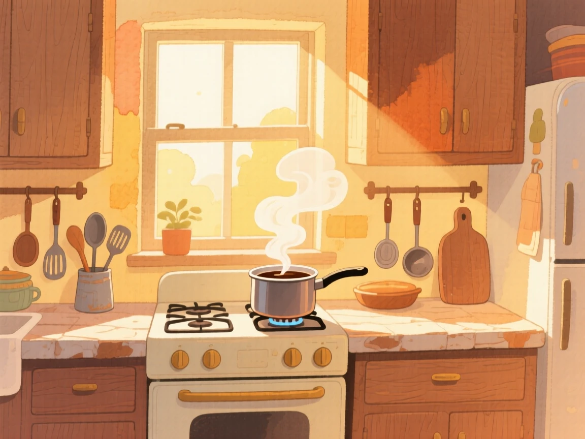 A kitchen filled with the warm glow of morning light and a pot of coffee brewing, with steam curling gently upward, evoking deep comfort and contentment.