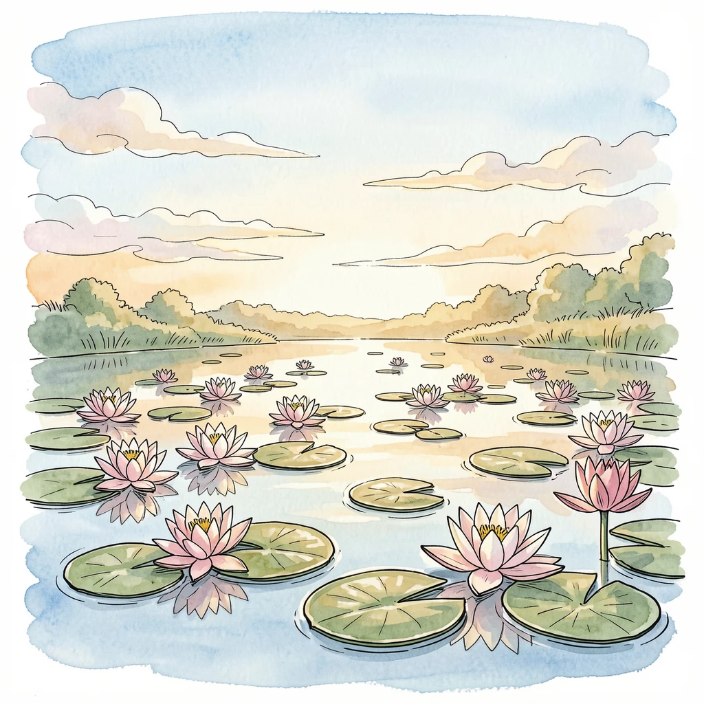 A quiet pond covered in floating water lilies at first light, clouds drifting slowly across an otherwise clear sky.