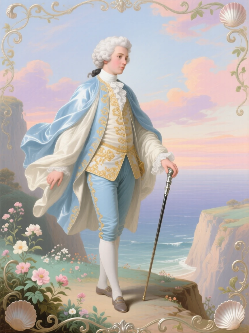 A prince standing at the edge of a sea cliff with his cloak moving in the wind  