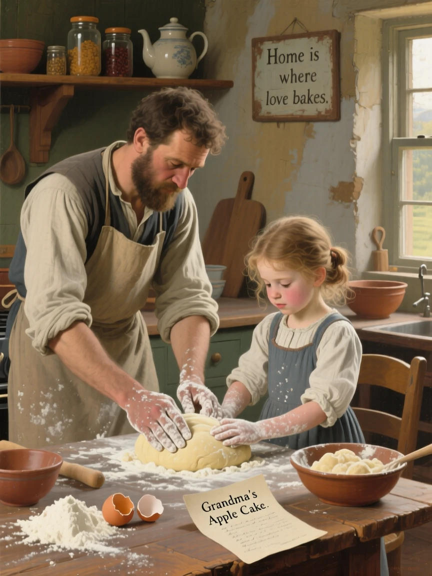 A father and daughter baking a cake together, both covered in flour, with warm, inviting colors throughout the scene, celebrating the simple, universal joys of family life