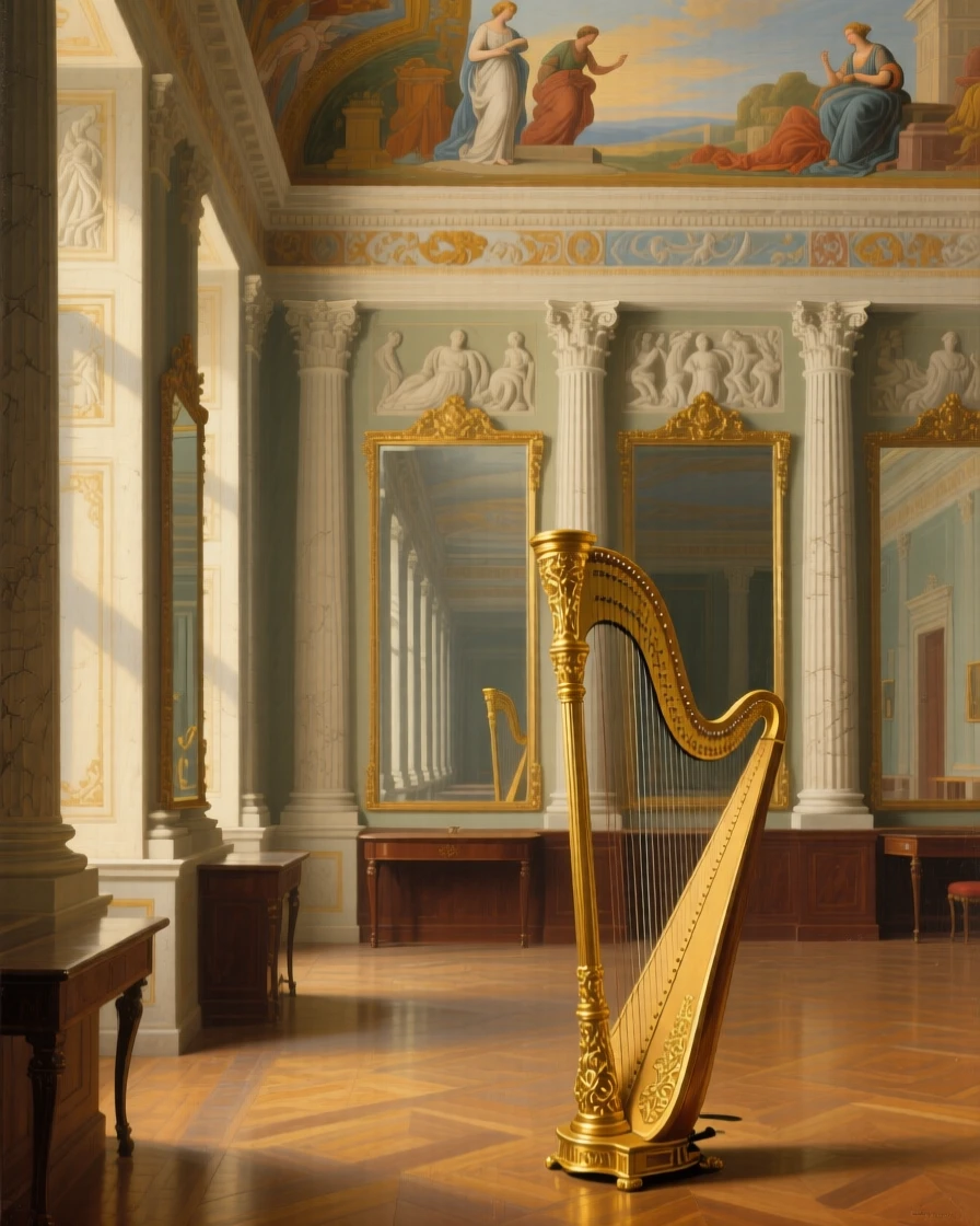 An ornate music room with a gilded harp and painted ceiling standing empty in the golden hush of late afternoon, set inside a grand academy of art and learning, with tall mirrors reflecting endless corridors of light and shadow; strong vertical lines of columns lead the eye upward toward the light, radiating history, refinement, and permanence.
