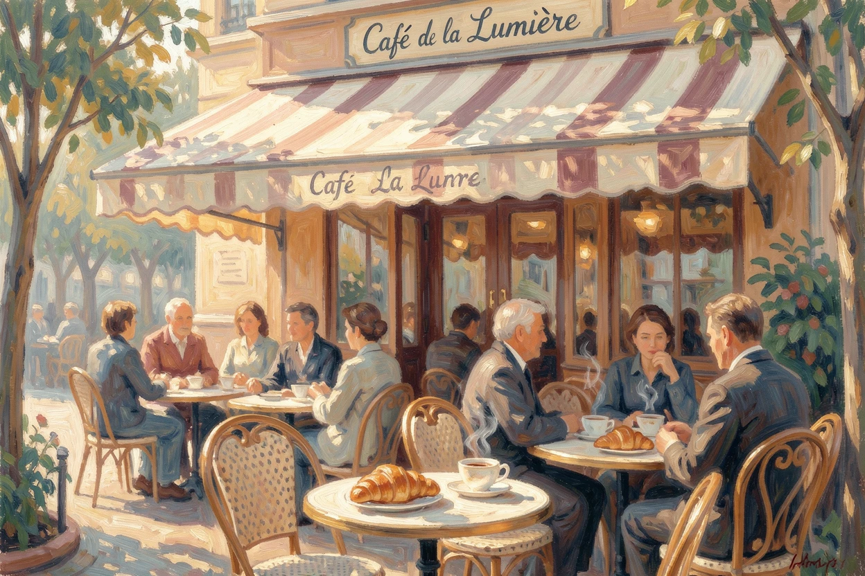 A charming Parisian café with wrought-iron chairs and a striped awning, patrons chatting over coffee and croissants.