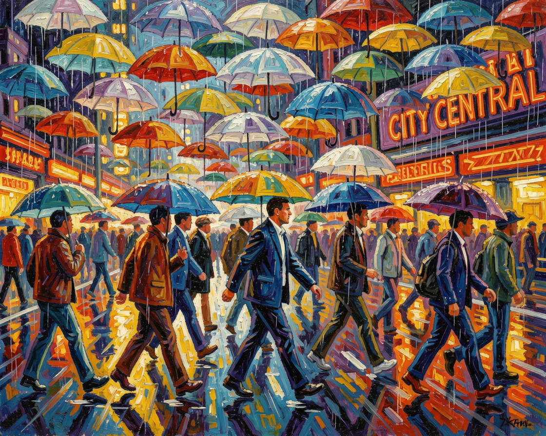 Commuters hurrying across a rain-soaked city street beneath a forest of umbrellas.