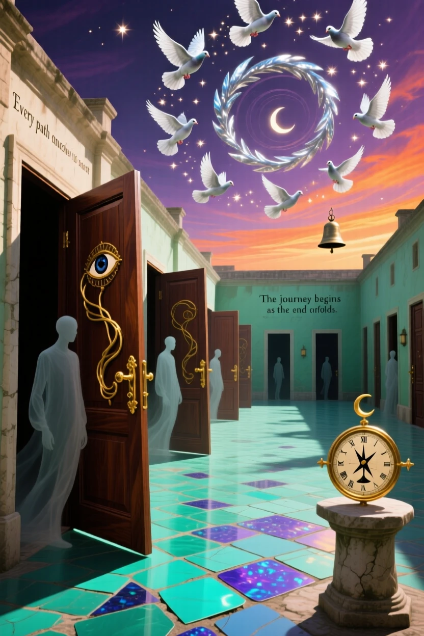 A courtyard where every door leads to another door leans impossibly against the wind, and a spiral of doves circles above it.
