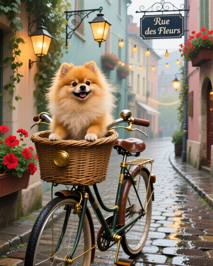 A fluffy Pomeranian sits proudly in a wicker bicycle basket, fur ruffled by the wind as it rides through a cobblestone European street, its posture alert yet relaxed, fully at ease within its natural surroundings.