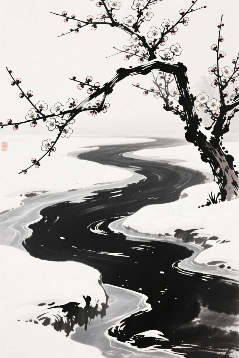 Branches heavy with plum blossoms arch over a frozen stream, as the last snow of the season melts around its roots.
