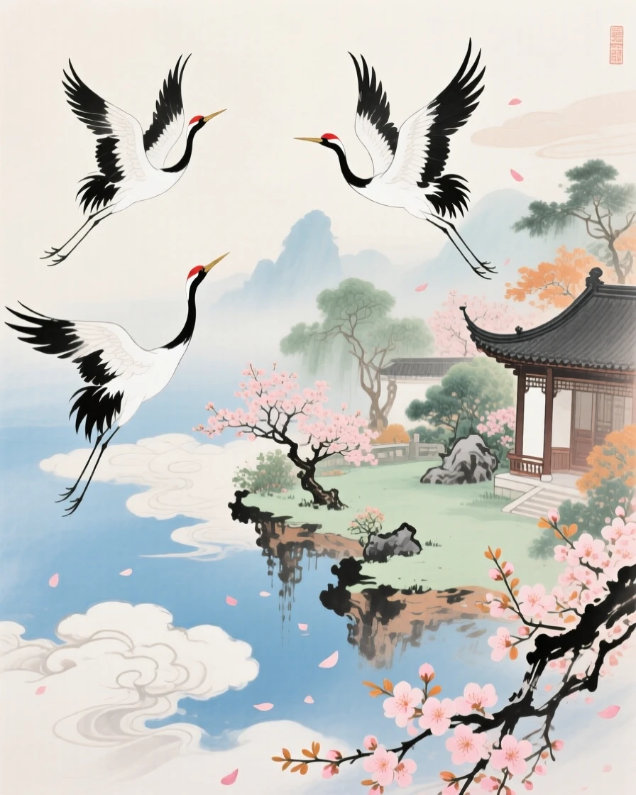 A celestial garden suspended above the clouds, reachable only by cranes, as spring blossoms unfold.
