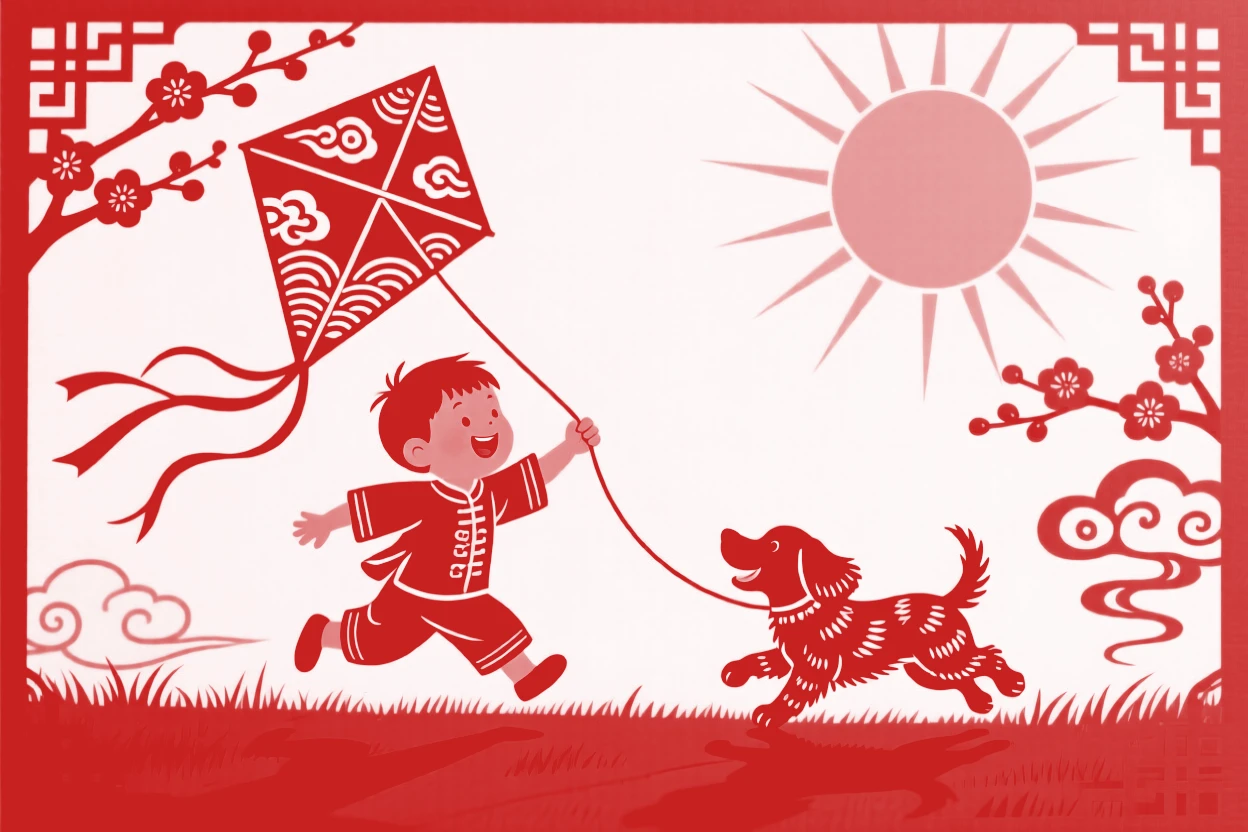 A boy and his puppy, chasing a paper kite across an open field, a warm afternoon sun casting long gentle shadows.