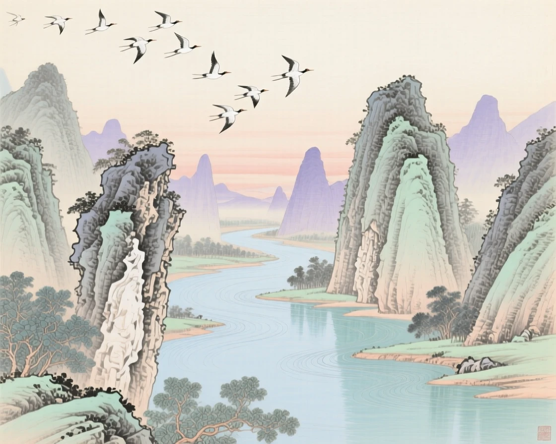 A winding river cutting through limestone karst peaks, with a flock of birds crossing the pale morning sky
