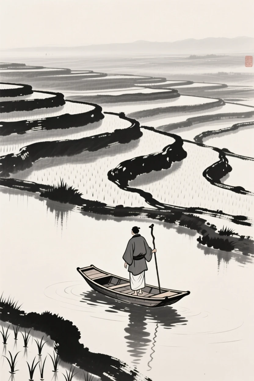 A lone traveler with a walking staff poling a small boat across still water beside a terraced rice field, seen from behind, gazing out toward the horizon, conveying quiet devotion and simple contentment.