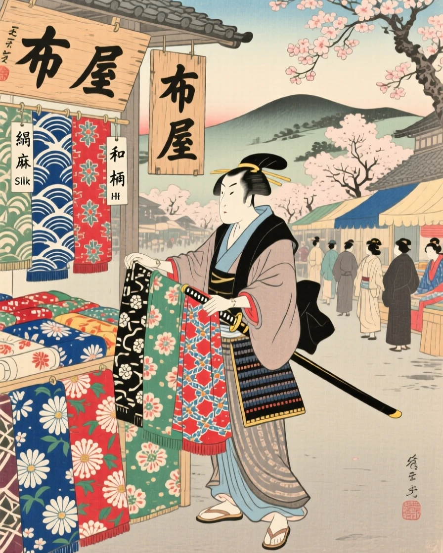 A swordsman displaying bolts of fabric at a bustling stall.