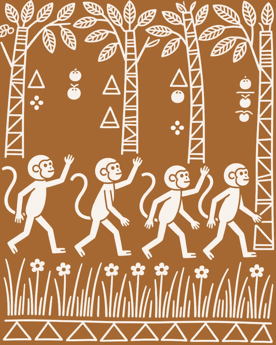 A group of monkeys moving through a dense forest.