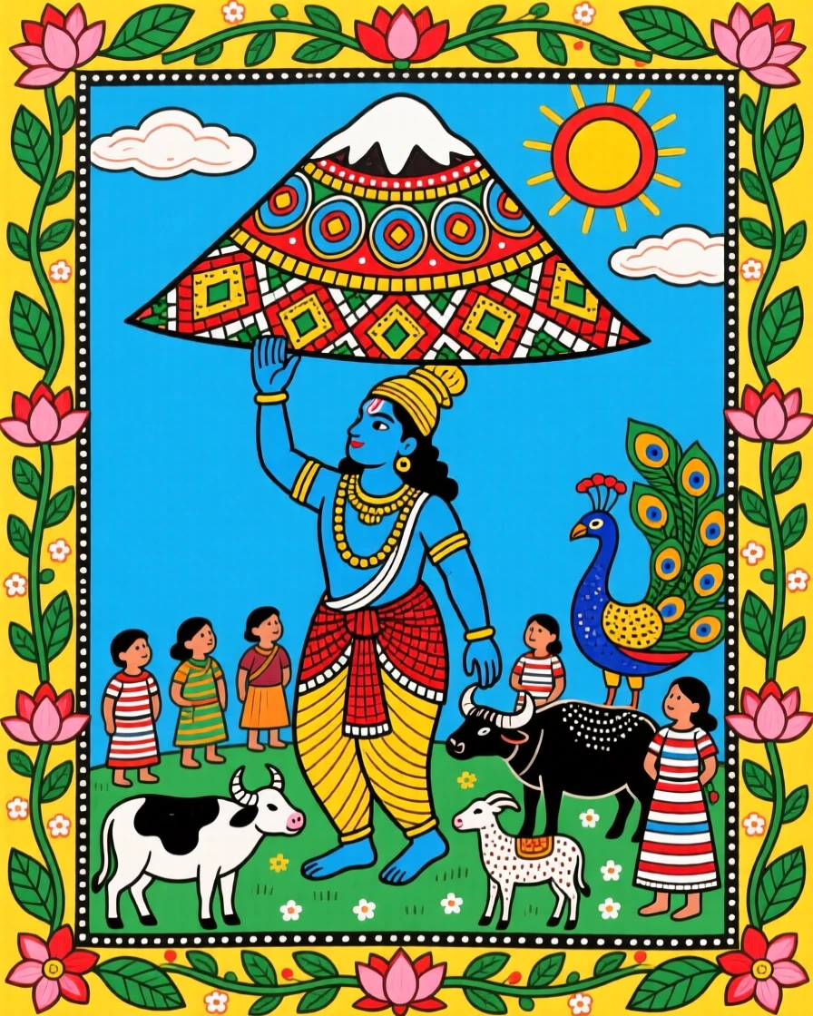 Krishna lifting a mountain on his fingertip to shelter the villagers below.