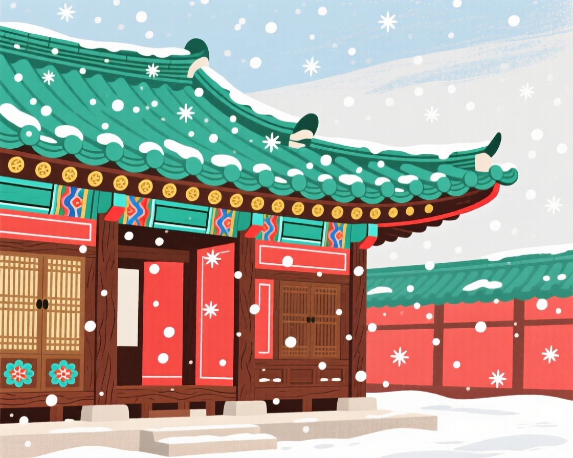 A traditional wooden palace hall with curved eaves during a gentle snowfall.