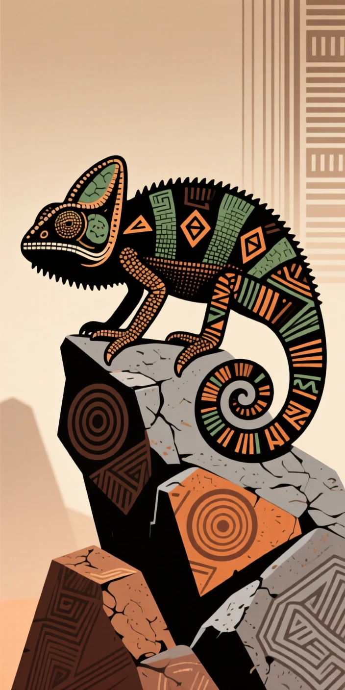 A chameleon balancing on a rocky ledge.