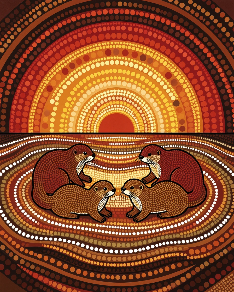 A otter family gathered at sunset