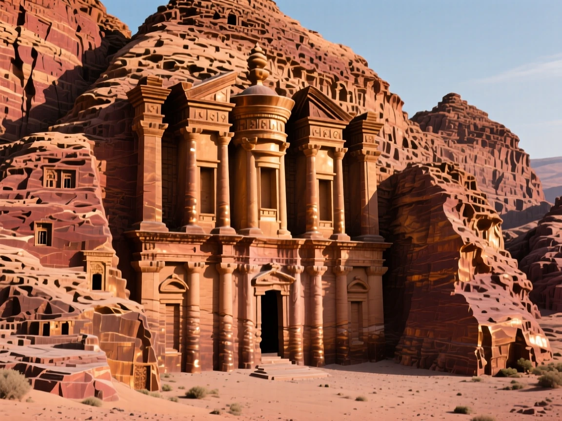 A majestic desert monastery carved into red sandstone cliffs, with a powerful sense of history and grandeur, exuding timeless grandeur