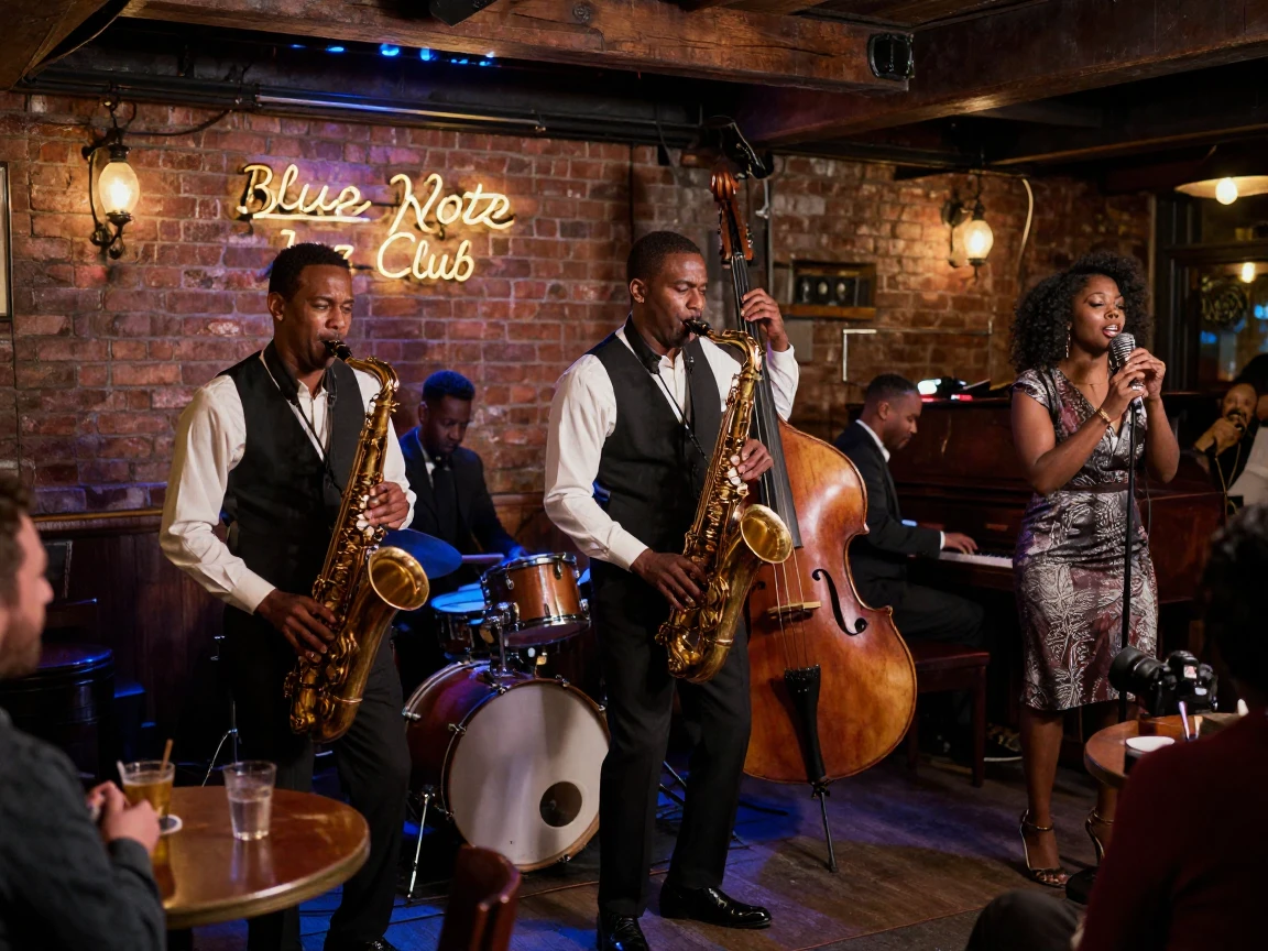 A jazz band performing in a dimly lit basement club