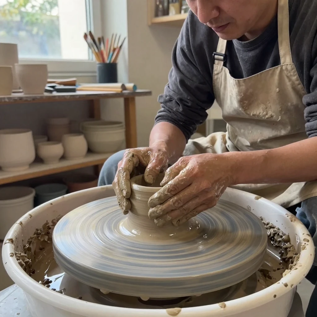 A potter shapes wet clay on a spinning wheel, hands slick and focused.