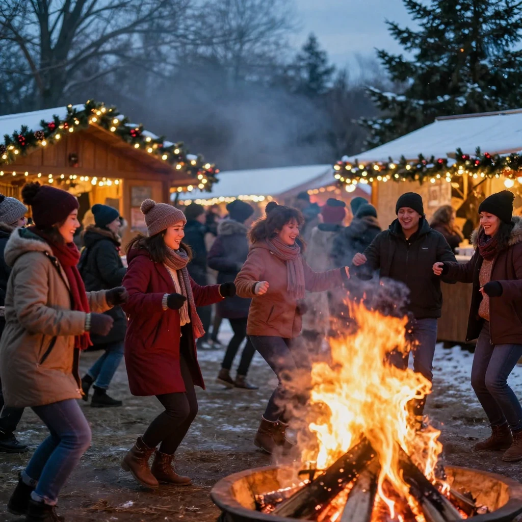 A community dancing together at an outdoor celebration beside a bonfire during a winter festival