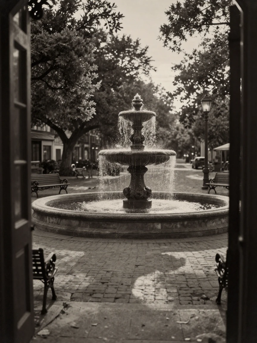 A grand fountain in a historic city plaza at dusk, in dappled light filtering through leaves, with frost coating every surface, during the long days of summer, with stark black-and-white contrast softened by a single warm hue, framed through an open doorway.