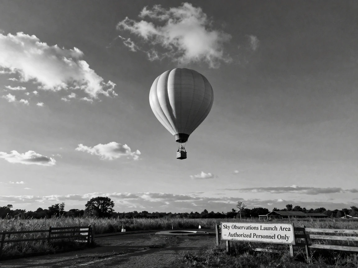 A weather balloon rises through scattered clouds above a rural launch site.