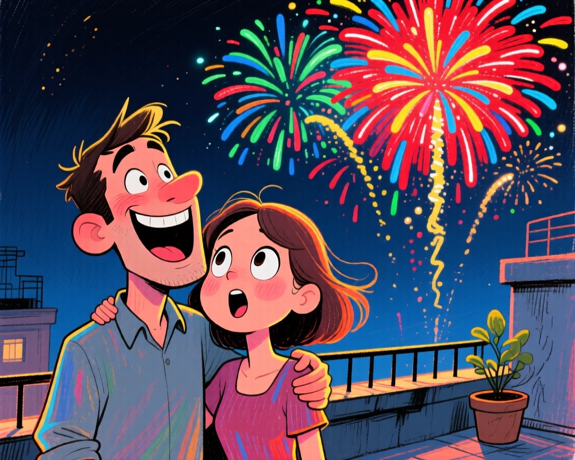 A couple watching fireworks together on a rooftop, faces lit up in awe.