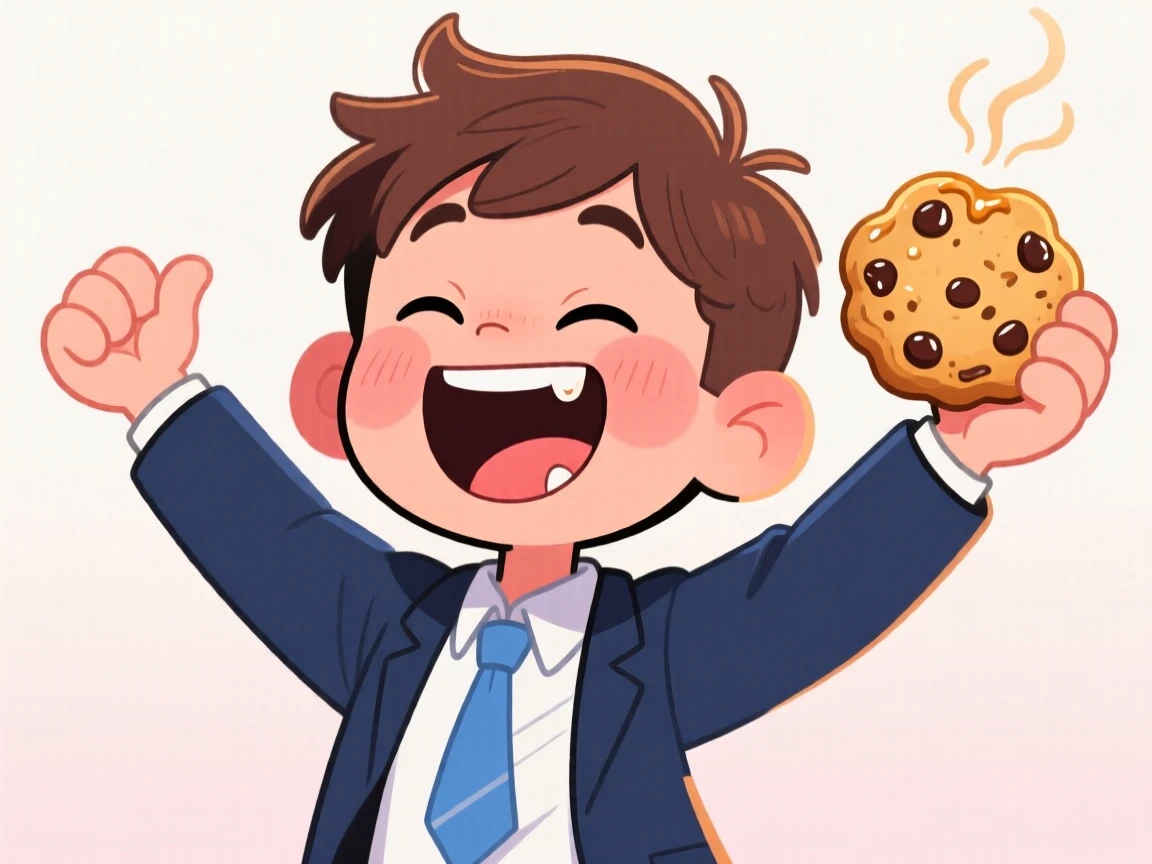 A charming portrait of a cheeky schoolboy, laughing so hard their eyes squint shut, holding up a freshly baked treat.