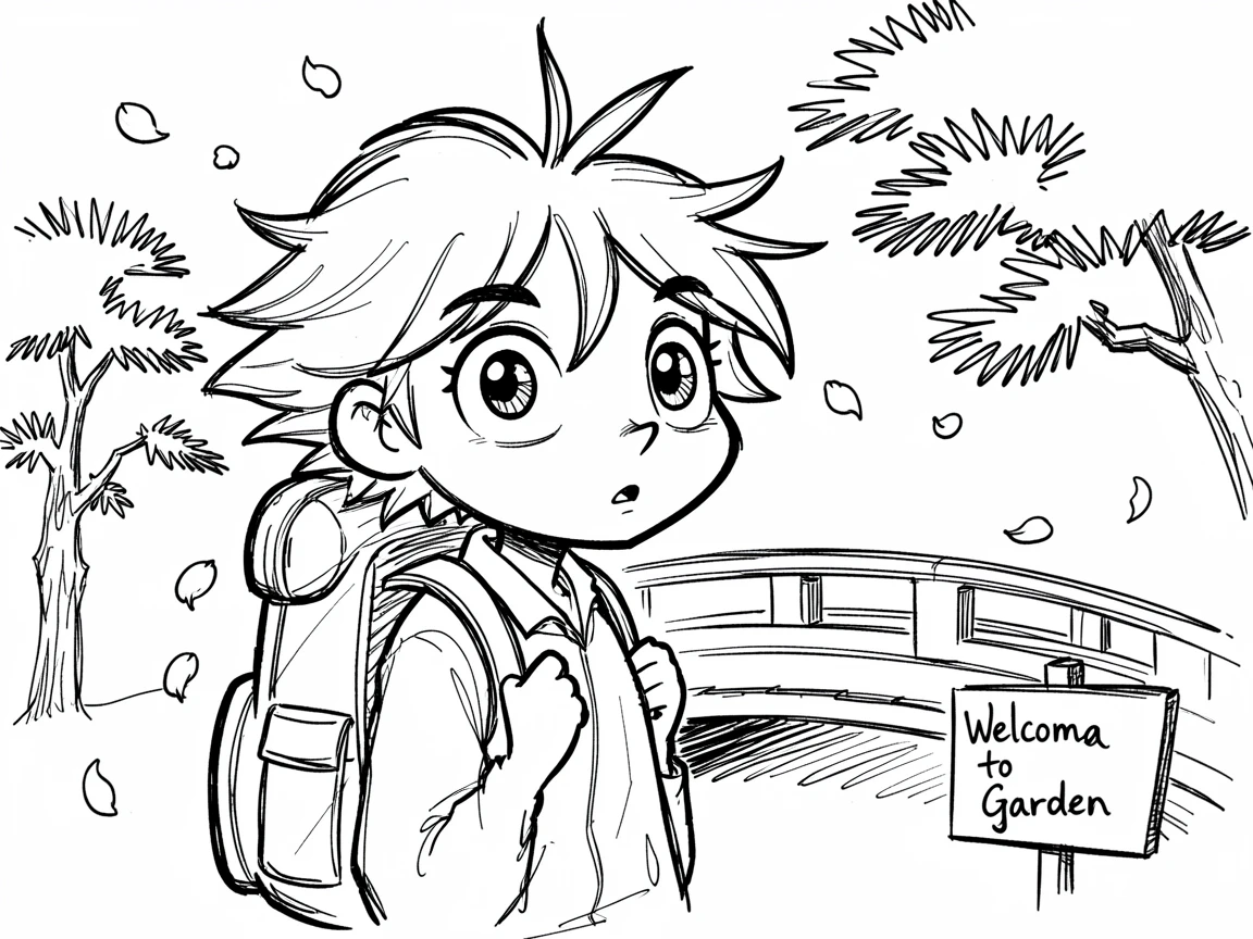[Travel & Cultural Experiences] Vivid travel scene of a backpacker watching cherry blossoms fall in a Japanese garden, full of wonder and adventure