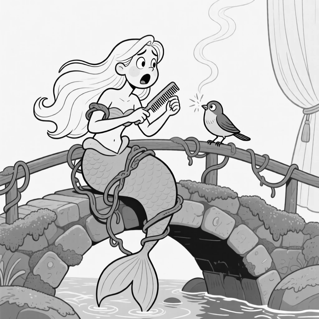 A mermaid tangled in seaweed while combing her hair, shouting back at the bird's sarcastic remark, set on a mossy stone bridge over a babbling creek. A stray spark sets a curtain gently smoldering. There's a cozy, storybook warmth to the whole image.