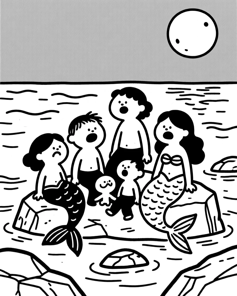 A mermaid family gathered on rocks under a moonlit ocean surface.