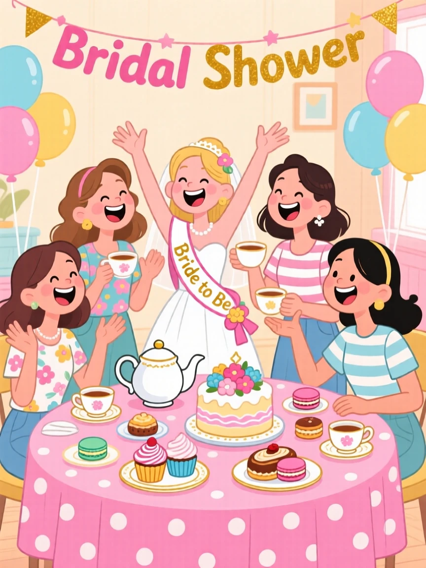 A bridal shower with friends laughing over tea and pastries.