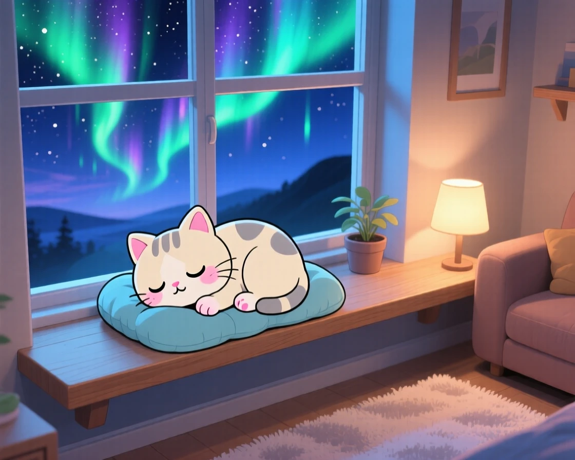A sleepy cat curled up in a sunbeam on a windowsill in a quiet cozy living room beneath swirling aurora-lit skies; cool blue twilight glow washes over the scene as shy bashfulness fills the moment. Three-quarter view.