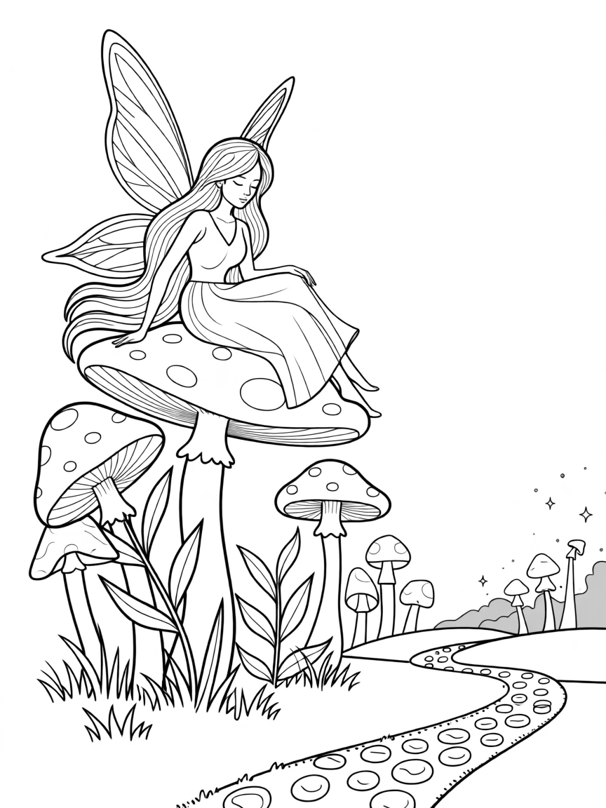 A fairy with translucent wings resting on a mushroom, with a trail of glowing footprints leading into the dark.