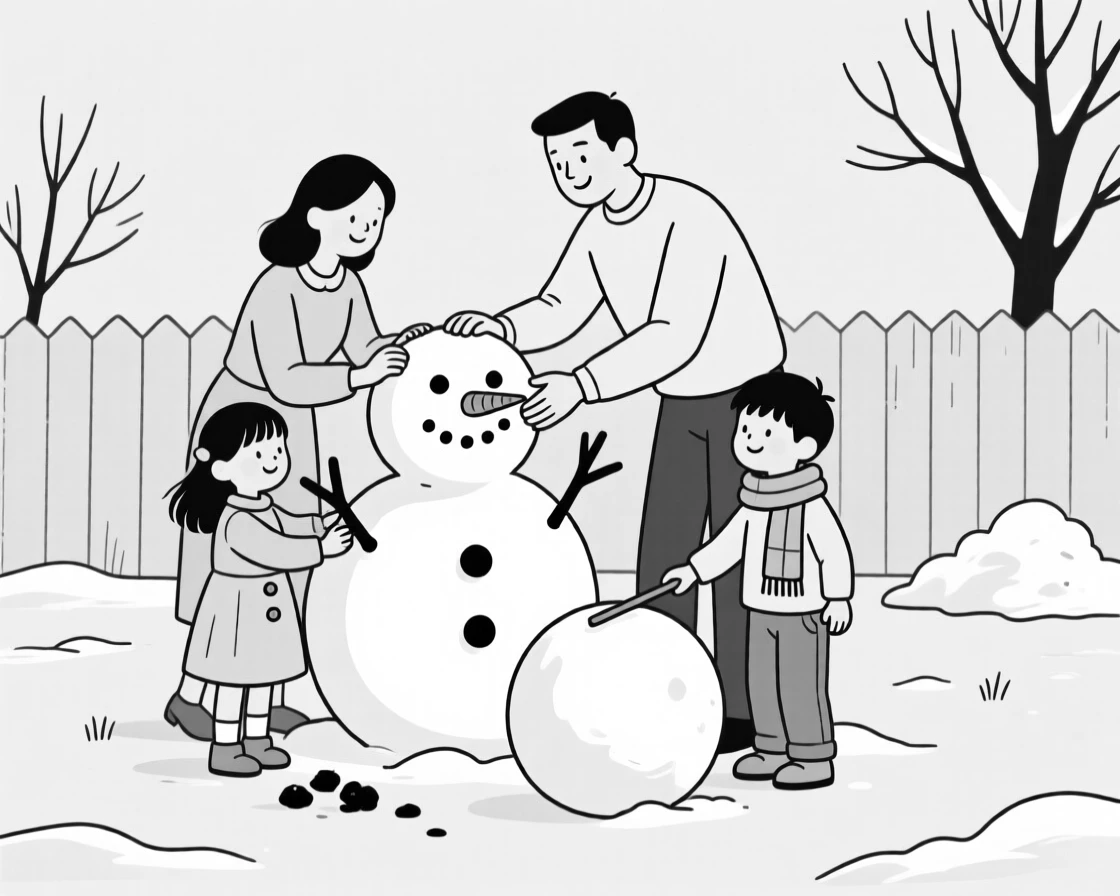 A family building a snowman together in the yard