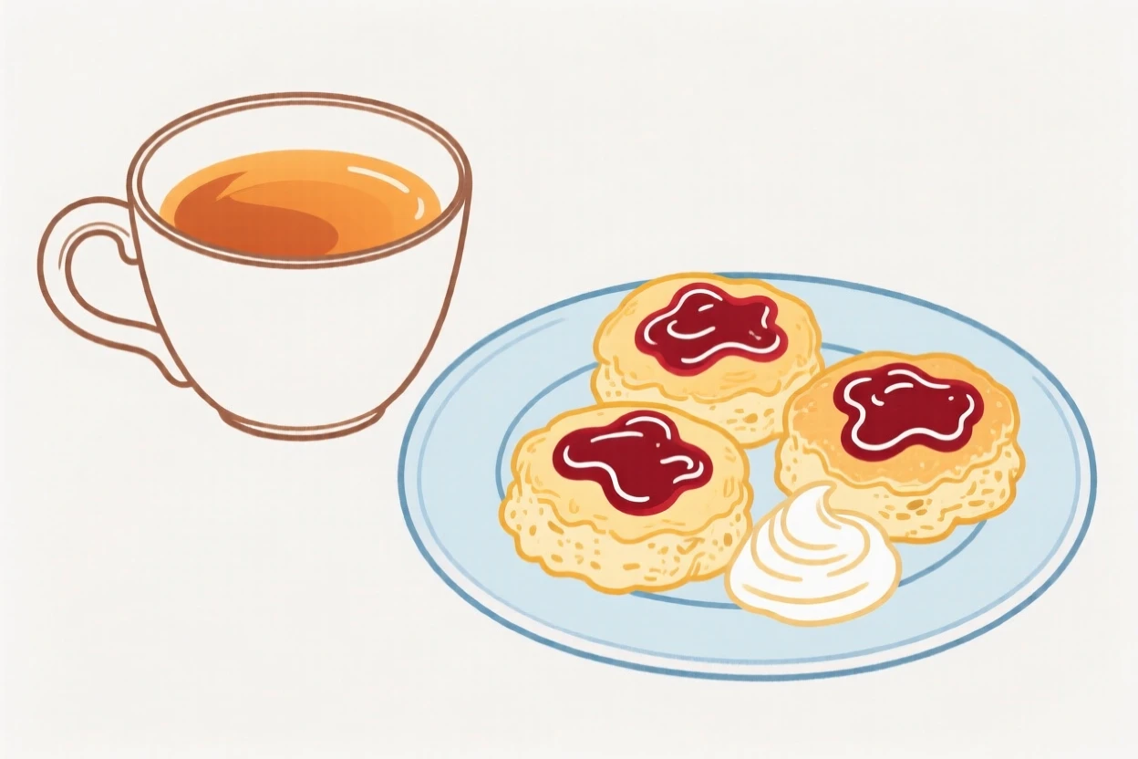 A cup of tea beside a plate of scones with jam and cream.
