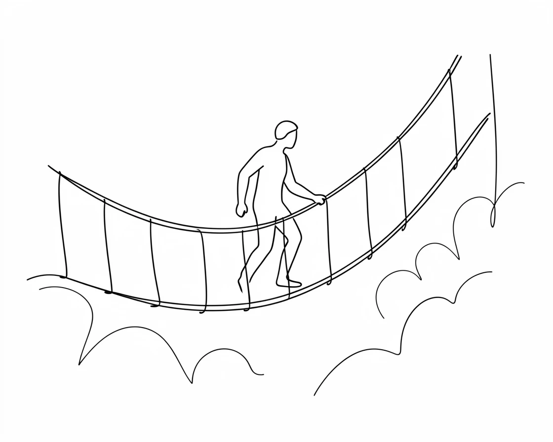 A traveler crossing a rope suspension bridge in a misty rainforest