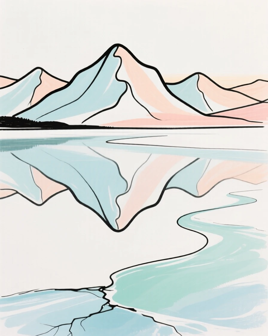 A frozen lake reflecting mountains