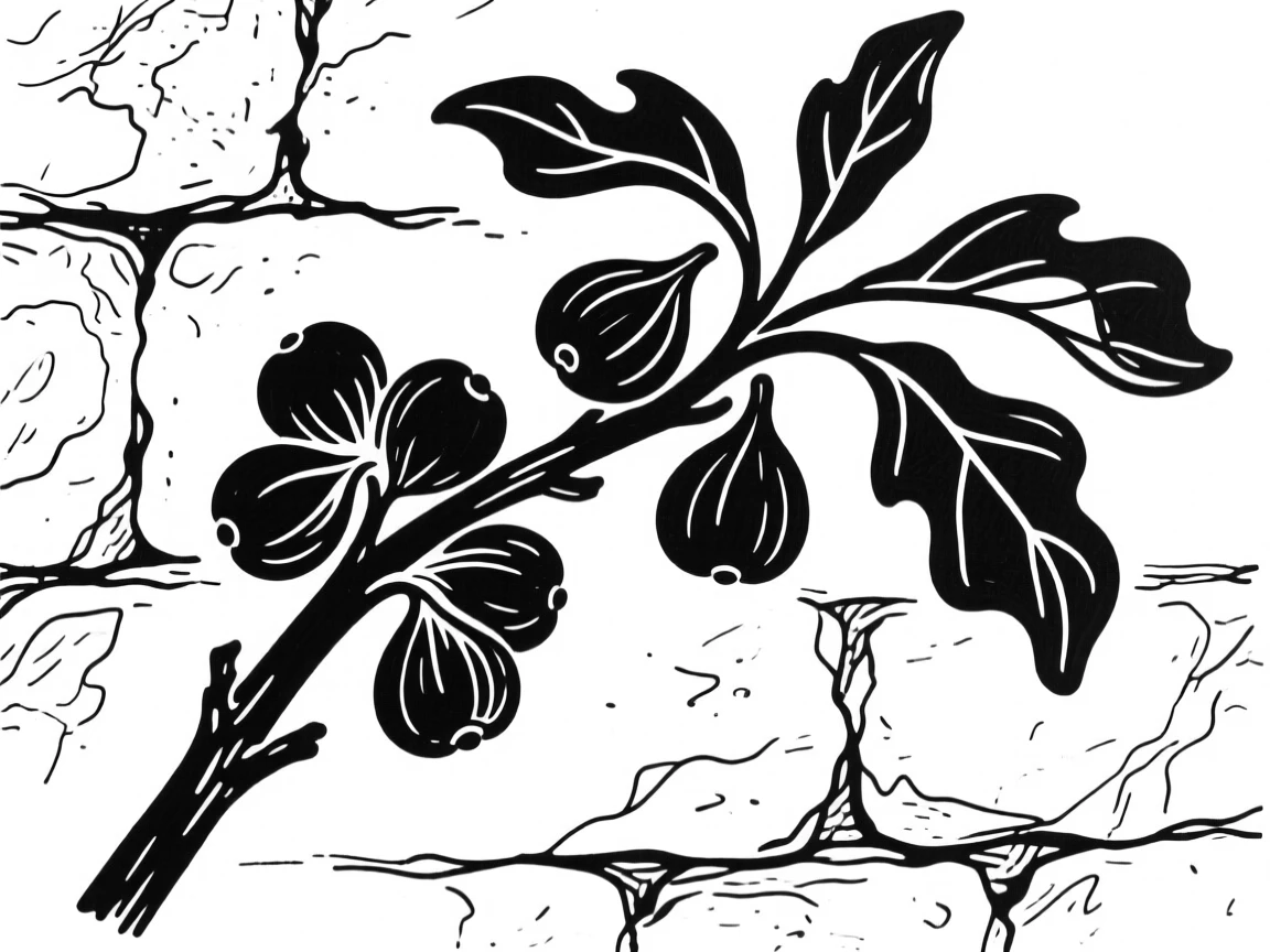 A single fig branch heavy with ripe fruit against a stone wall.