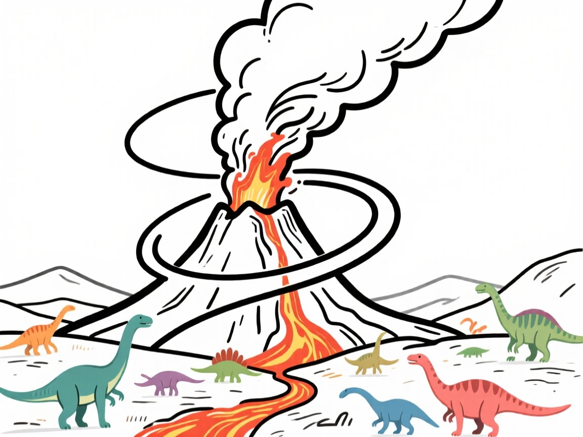 A volcanic eruption lighting up the sky above a valley of dinosaurs.